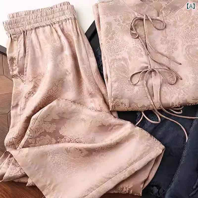 Work Clothes （Office） - レディース トップス シャツ 春夏 提花柄 長袖 切り替え デザイン ポリエステル 素材 ピンク 黒 ロングパンツ ワイドレッグ ドローストリング 調整 可能 快適 軽量 涼しい 素材 日常 使い 日韓 スタイル ゆったり シルエット 女性 向け セット