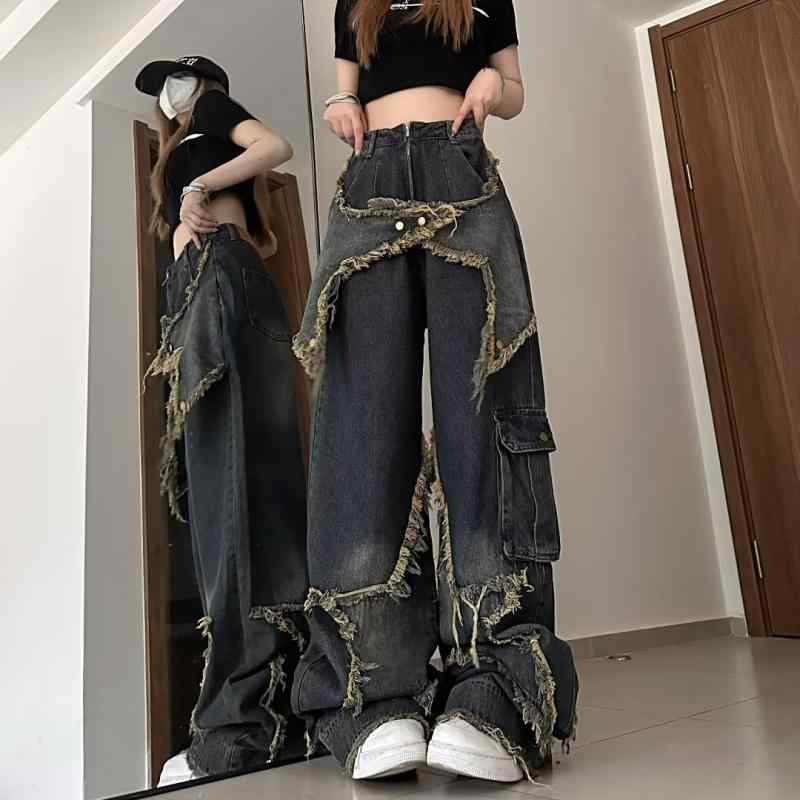 樂天商城 - レディース デニムパンツ 直筒 ワイドレッグ 高腰 ロング丈 毛羽立ち ヴィンテージ風 春季 ブルー 綿素材 ストレッチなし 街頭スタイル セクシー 潮流 軽量 普段使い 通勤用 カジュアル デニム生地 ゆったりシルエット 脚長効果
