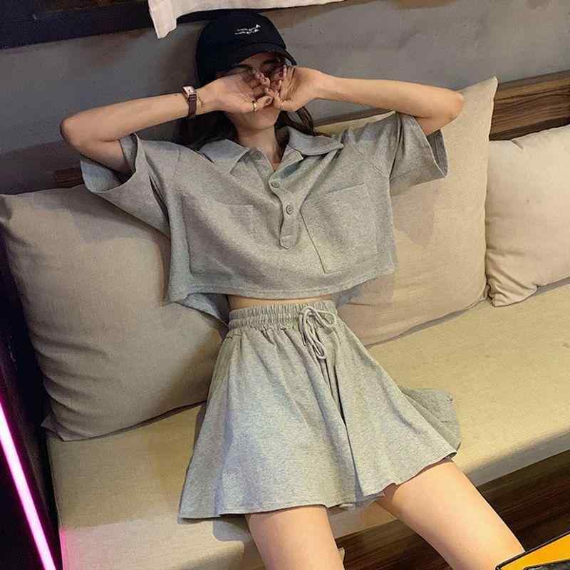 レディース セットアップ ポロ襟 Tシャツ スカートパンツ 春 シルク加工 純色 無袖 プリンセススリーブ ゆったり ワイドレッグ 膝丈 ショートパンツ グレー ブラック 私服 御姐風 ファッション コーデ 百搭 トップス ボトムス スカート ロングスカ