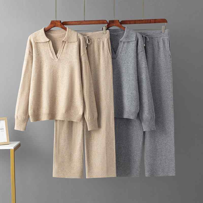 レディース ニット セットアップ 秋冬 ポロ ネック セーター ワイドレッグパンツ 気質 通勤 快適 休闲 粘着繊維 黒 卡其 白 灰 長袖 九..