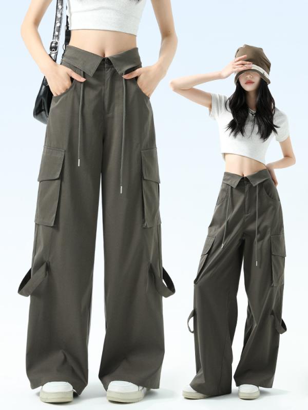 レディース ワイドパンツ 工装パンツ 春季 高腰 フレア デザイン スポーツ 休闲 ポリエステル 95% 薄手 ポケット 黒 白色 卡其 軍緑 ゆったり ロング丈 通勤 都市スタイル 快適 気質 クロスボーダー 気軽 日常使い