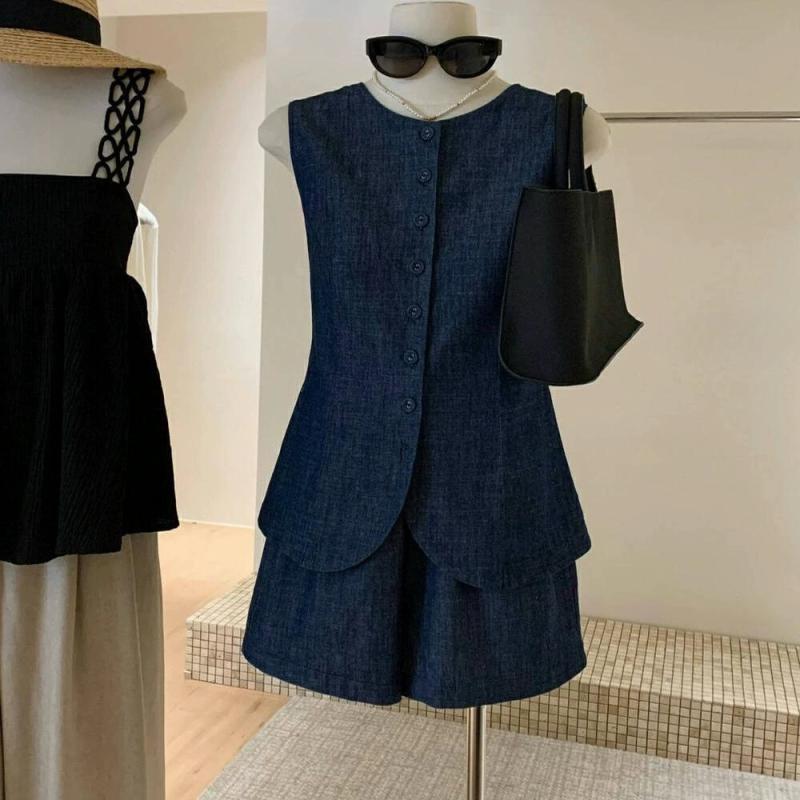 レディース セットアップ 夏 ワンピース 無袖 トップス 牛仔 シャツ ワイドレッグ ショートパンツ 切り替え デザイン ポリエステル 素..