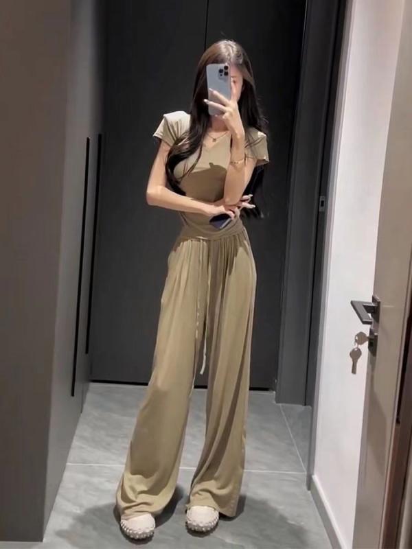 樂天商城 - レディース セットアップ トップス ワイドパンツ 気質 通勤 英伦風 純色 プリント 光沢 褶 短袖 半袖 涤纶 ポリエステル スパンデックス 伸縮性 軍緑 緑 ミリタリー グリーン 夏 春夏 気質 優雅 ゆったり ファッション 百搭 日常使い 軽量 カ