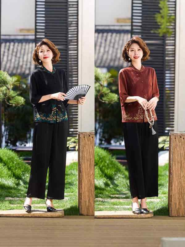 レディース トップス セット ワイドパンツ 気質 通勤 スタイル 復古 デザイン 黒 ルージュ ポリエステル 素材 5分袖 長ズボン 気質 レディース ファッション 気楽 スタイル スリム 効果 黒 ルージュ カラー ポリエステル 80-90% 成分 気