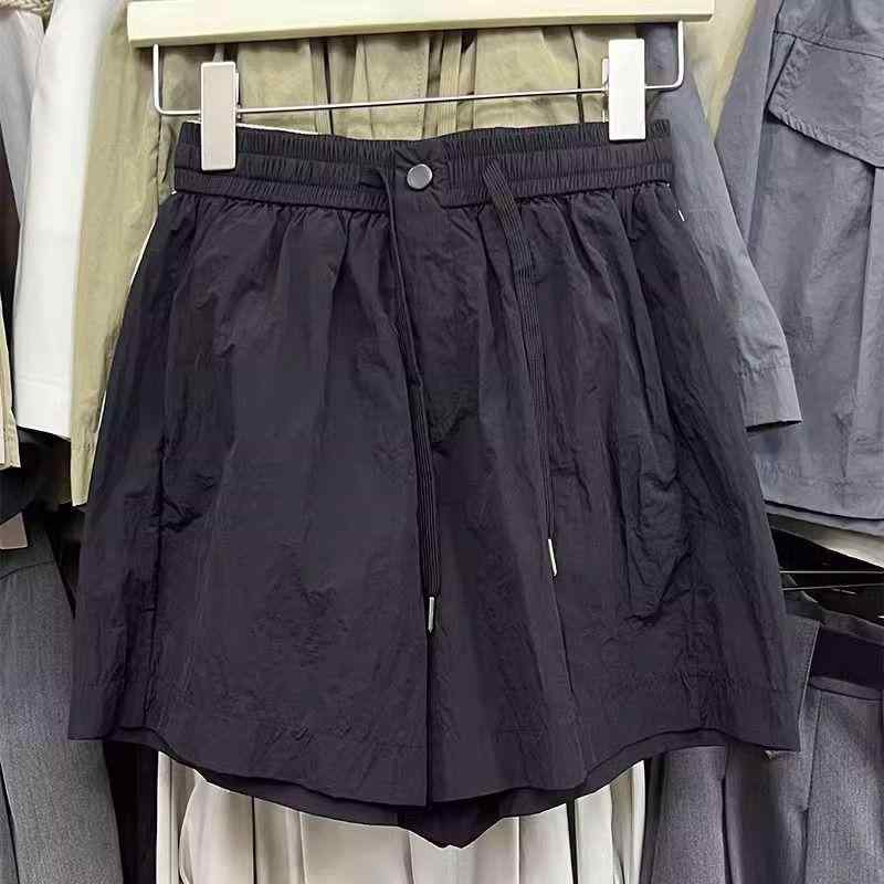 乐天商城 - レディース ワイドパンツ 夏 速乾 黒 グレー カーキ 高腰 ゆったり ハラコ ポケット 薄手 都市 通勤 気質 スタイル ジャガード ナイロン 素材 軽量 伸縮性 普段使い 外出 アクティブ 女性用 膝下丈 プリーツ デザイン