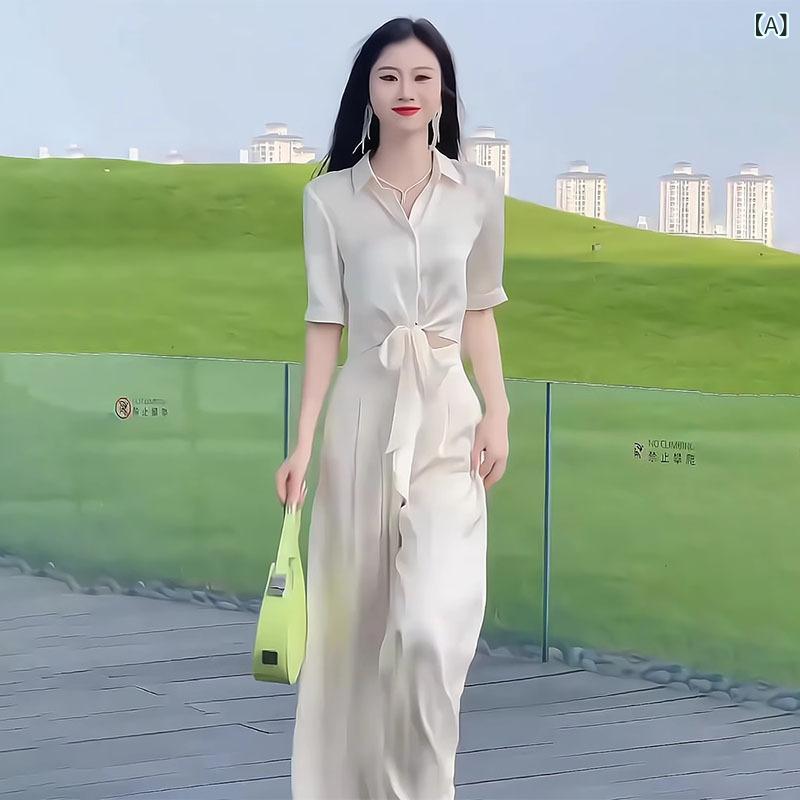・カテゴリ: 休闲套装・スタイル: 通勤風・主な素材: 涤纶（聚酯纤维）・袖丈: 五分袖・柄: 純色・カラー展開: 杏色【两件套】、紫色【两件套】・サイズ展開: S【40-50kg】、M【50-55kg】、L【55-62.5kg】、XL【62.5-70kg】、2XL【70-77.5kg】・セットスタイル: 裤套装