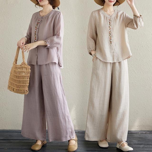 レディース 刺繍 シャツ ワイドパンツ セットアップ 綿 ポリエステル 混紡 紫 杏 通勤 気質 スタイル 快適 休闲 植物 花柄 ボタン 九分袖 ロングパンツ 2025 夏季 復古 風