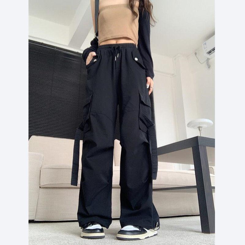 Long Pants - レディース 工装パンツ 女性用 韓国風 トレンド 復古 高腰 ワイド レッグ スリム フィット テーパード ストレート ロングパンツ ゆったり 薄手 プリーツ デザイン 都市 通勤 スタイル 気質 緑 ピンク ポリエステル 素材 秋 季節 日常 使い カ