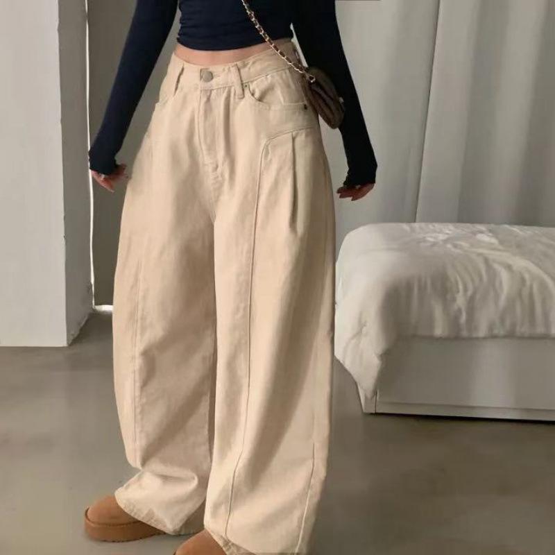樂天商城 - レディース ワイドパンツ クロップドパンツ ロングパンツ ミドルウエスト ルーズフィット プレーツ加工 気質 通勤 快適 休闲 米杏 卡其 藏青 オートムン