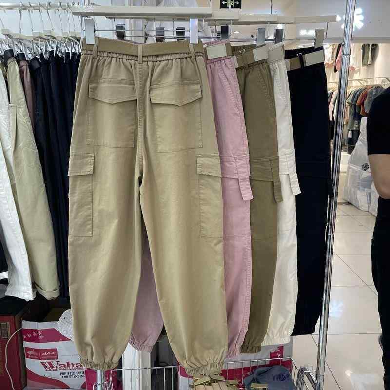 Rakuten - レディース ワイドパンツ 綿 素材 コットン 95% ポリエステル 混 高腰 九分丈 ハーレム シルエット ゆったり スリム 効果 多ポケット 工装 デザイン ベルト 付き 無弾性 中厚 素材 都市 通勤 スタイル 気質 カーキ 緑 黒 色 2024 夏