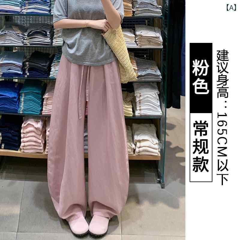 樂天商城 - レディース 夏用 ワイドパンツ 高腰 薄手 綿麻風 ポリエステル 気質 通勤 スタイル ピンク 麻色 ネイビー 直筒 ロング丈 無弾力 純色 休闲 軽量 垂れ感 小柄対応 ゆったり スリム シルエット 膝下丈 ロングパンツ