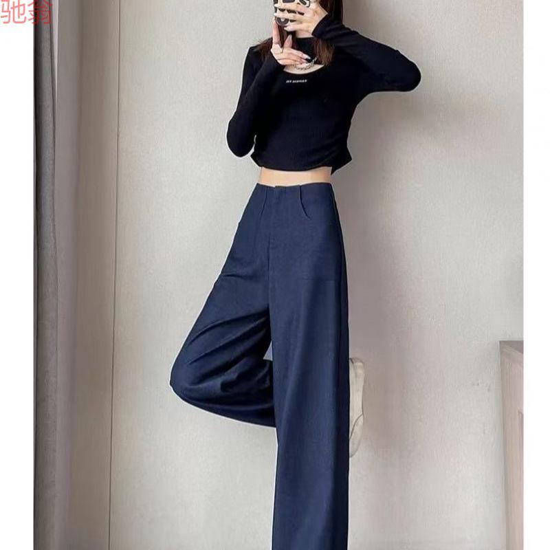 乐天商城 - 女性用 西装パンツ レディース 夏用 薄手 高腰 垂感 麻 ワイドレッグパンツ ストレートパンツ ストリートスタイル 黒 杏 ネイビー アクアブルー 長め丈 アクティブ レジャー 綾織物 95% 再生繊維 軽量 ゆったり シルエット 通勤 普段使い