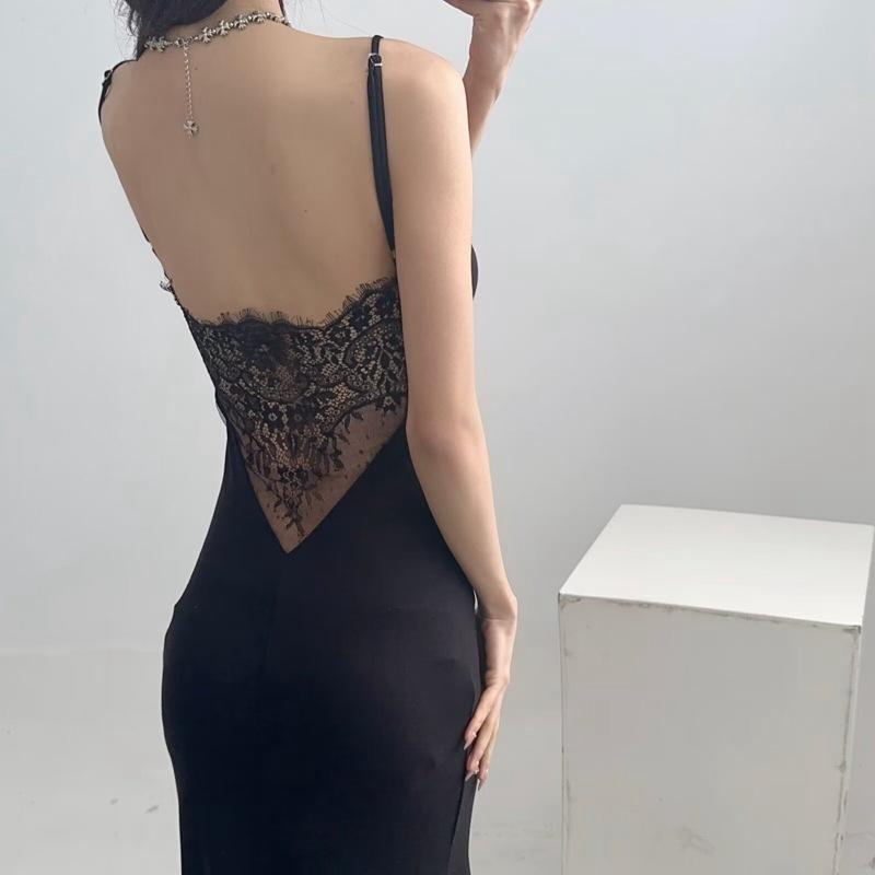 ワンピース レディース ロング丈 キャミソール マーメイド 切り替え レース 背中開き セクシー スタイルアップ 美脚 ハイウエスト スリット 無地 シンプル フェミニン エレガント パーティー 結婚式 二次会