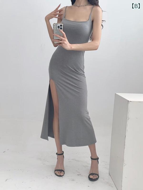 リメイクバディーのワンピース レディース ロング丈 キャミソール マーメイド 切り替え レース 背中開き セクシー スタイルアップ 美脚 ハイウエスト スリット 無地 シンプル フェミニン エレガント パーティー 結婚式 二次会｜アングル3