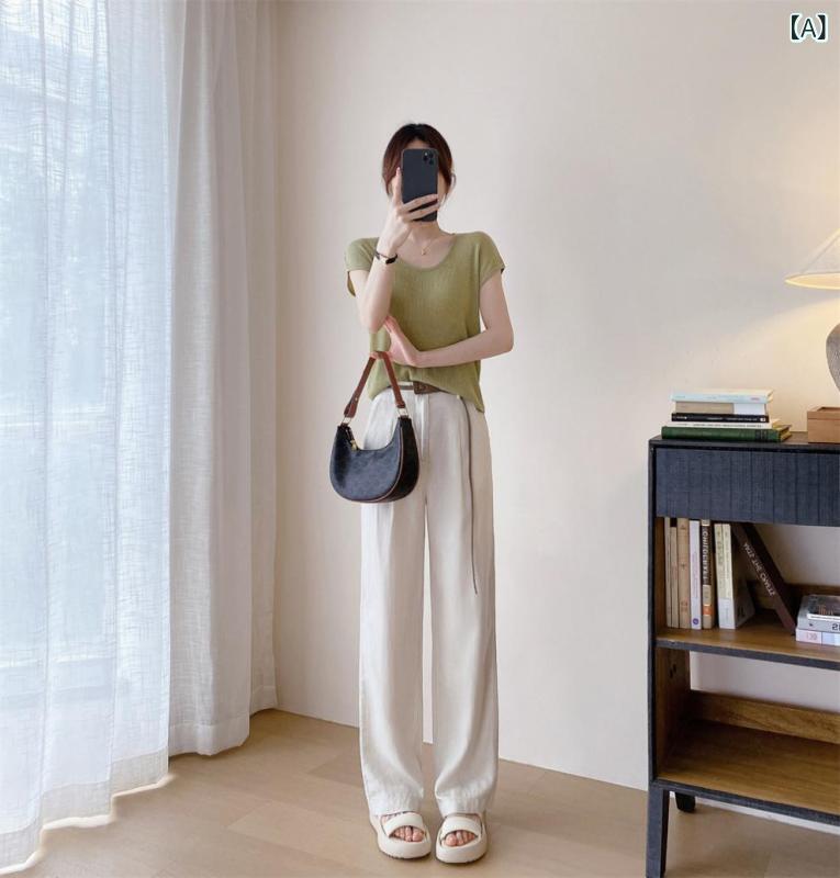 樂天商城 - レディース ワイドパンツ 夏 高腰 ストレート ロング丈 麻 綿混紡 微弾性 ポケット付き 中厚手 日韓カジュアル 麻本色 卡其 軽やか シルエット 显瘦 垂感 立体裁剪 休闲 甩裤