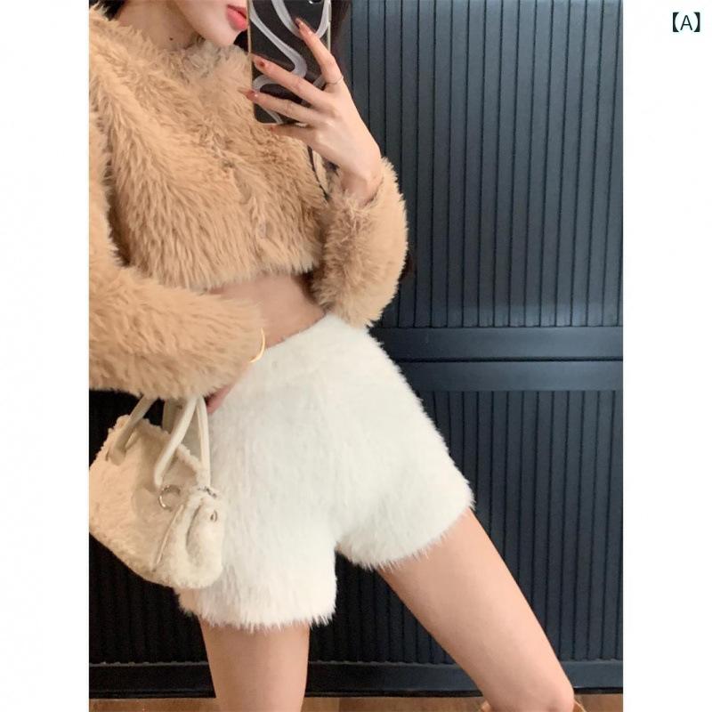 レディース ショートパンツ 高腰 直筒 ワイドパンツ 秋冬 毛足 裏起毛 厚手 暖か 保暖 フリース 加工 ポリエステル 繊維 コットン 混紡 微弾性 伸縮性 韓国風 日韓スタイル 基本 デザイン タッセル 装飾 白色 黒 ピンク コーヒー グレー カラ remake-buddy-10442752 リメイクバディー サンプル画像2