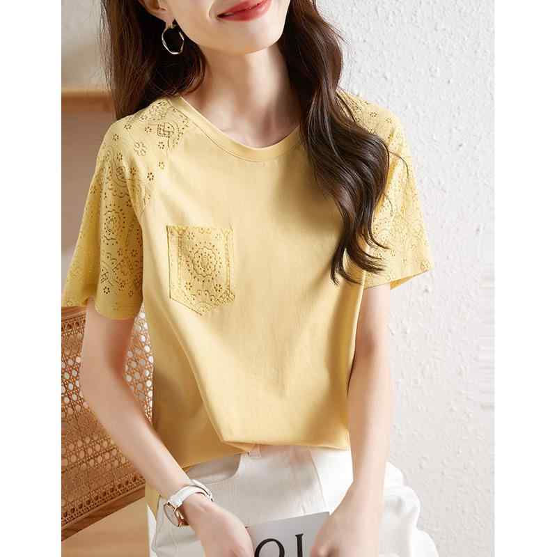 樂天商城 - Tシャツ 女性用 夏 短袖 斜肩 デザイン ラウンドネック ルーズフィット 切り替え コットン 素材 紫 黄色 日韓 カジュアル スタイル 百搭 上衣 軽量 通気性 快適 日常使い