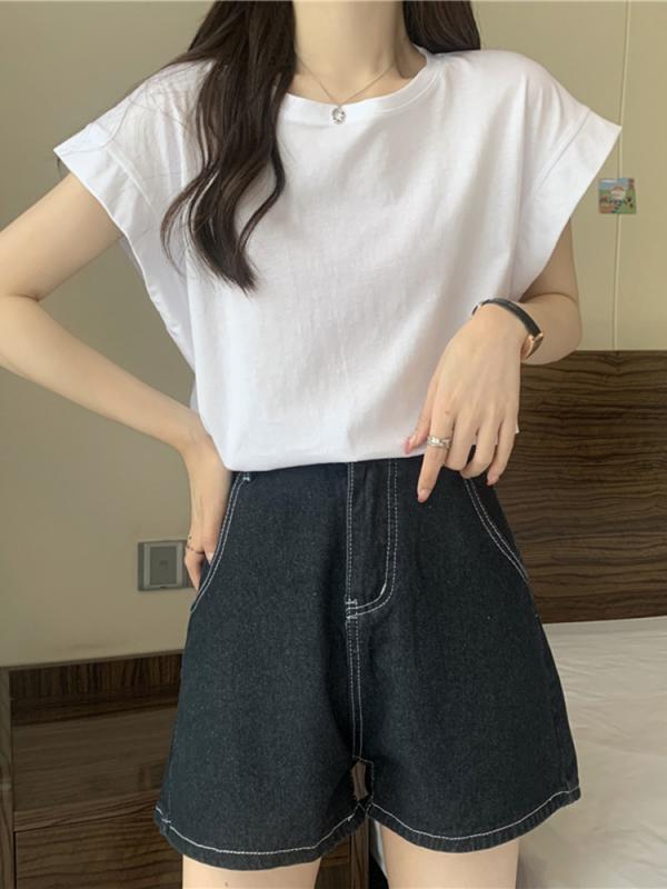 Rakuten - Tシャツ 女性用 短袖 フリル袖 デザイン 2024年 夏 ワイド ルーズ インナー トップス 学生服 上着 トレンド 綿混 ポリエステル 再生繊維 無地 セットアップ ラウンドネック 普通丈 50cm-65cm 韓国風 日韓スタイル カジュアル 快適