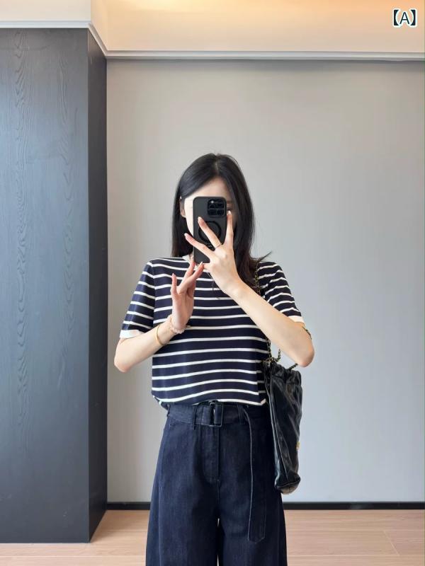 Tシャツ レディース 短袖 レイヨン 羊毛 ニット トップス 条紋 丸首 セットインス...