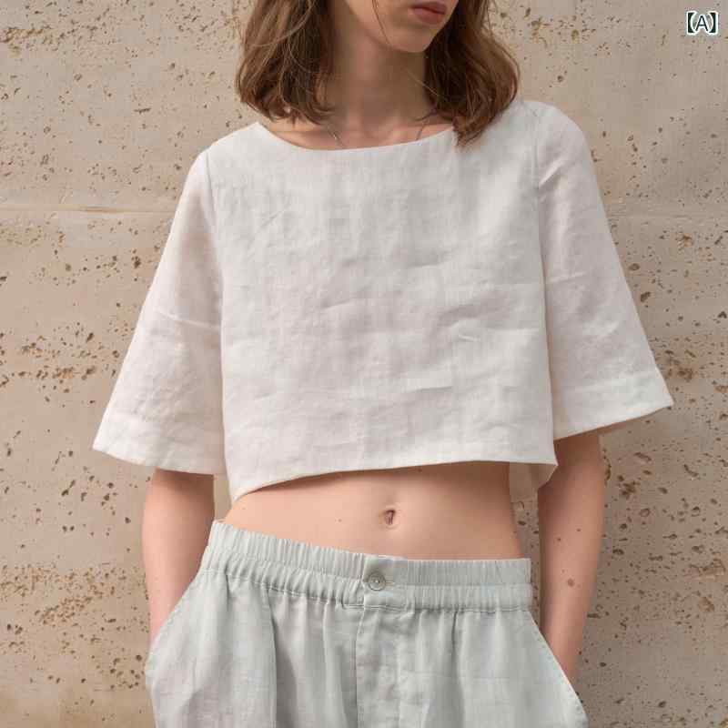 樂天商城 - Tシャツ レディース 女性用 麻 純ア麻 95% 短め丈 ゆったり ルーズフィット ラウンドネック 中袖 短袖 プレーツ加工 プレス加工 純色 無地 白色 麻色 夏 春夏 2025年 フレンチスタイル 法式 気質 優雅 クロスボーダー ヨーロッパ アメリ