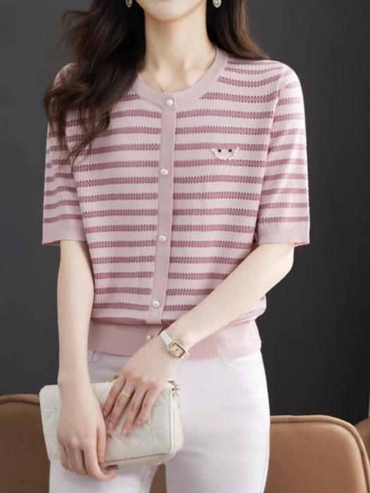 Other - Tシャツ レディース 短袖 接触冷感 ニット 短め 夏 2025 丸首 ストライプ 上衣 白色 ピンク 薄手 ゆったり セットアップ 私服 かわいい 軽量 吸湿速乾 再生繊維 通常袖 三分袖 普通丈 高温定型 単品 套頭
