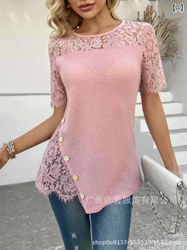 Rakuten - レディース Tシャツ ニット トップス 純色 半透け 刺繍 花柄 レース 花 モチーフ 丸首 短袖 女性用 上衣 修身 ミドル丈 ポリアミド ポリエステル スパンデックス ピーチ ライトグリーン カーキ ゴールド ダークパープル 気質 通勤 スタイル 優