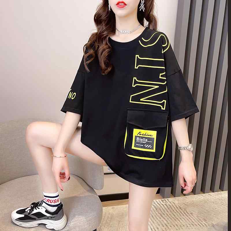Rakuten - Tシャツ レディース 夏 短袖 半袖上衣 綿 素材 緑 白 黒 色 丸首 ゆったり デザイン ポケット 付き 大きいサイズ ゆったりシルエット 腹隠し 痩せ見え 印花 柄 立体 3D パターン 韓国風 日常 休闲 トップス ゆったり トップス 綿混 紡績