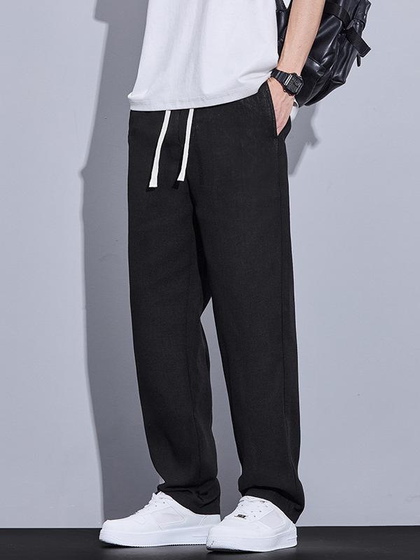 Pants - メンズ 長ズボン 直筒型 中腰 薄手 涤纶 ポリエステル繊維 100% 透気性 吸湿速乾 防水 微弾力 快適 夏用 日常 青年向け 黒 米白 卡其 ゆったり シルエット 軽量 伸縮性 ベーススタイル ファッション 都市 長筒 系绳 閉襟 純色 シルク加工