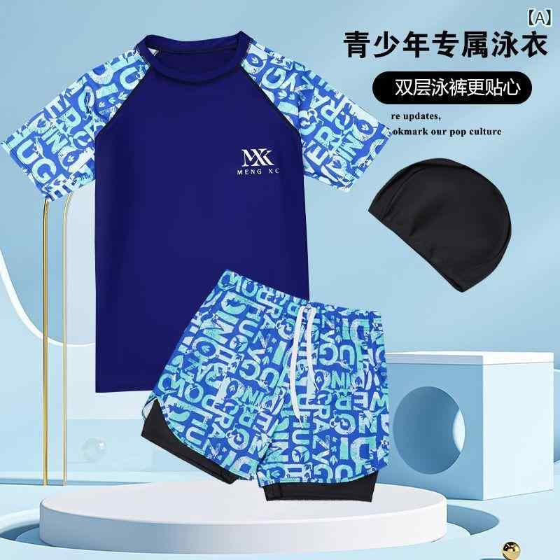 水着 キッズ ジュニア スポーツ セパレート 半袖 ラッシュガード 二重構造 スイムパンツ 防晒 速乾 紫外線対策・素材: ポリエステル95%、スパンデックス5%・カラー展開: 藏青、黒绿、黒橘、线条黒、叶子黒・サイズ展開: 150（30-45kg）、160（45-65kg）、170（62.5-80kg）、180（77.5-95kg）・スタイル: 三角パンツ、ビキニ、ボクサーパンツ、ワンピース水着、セパレート水着
