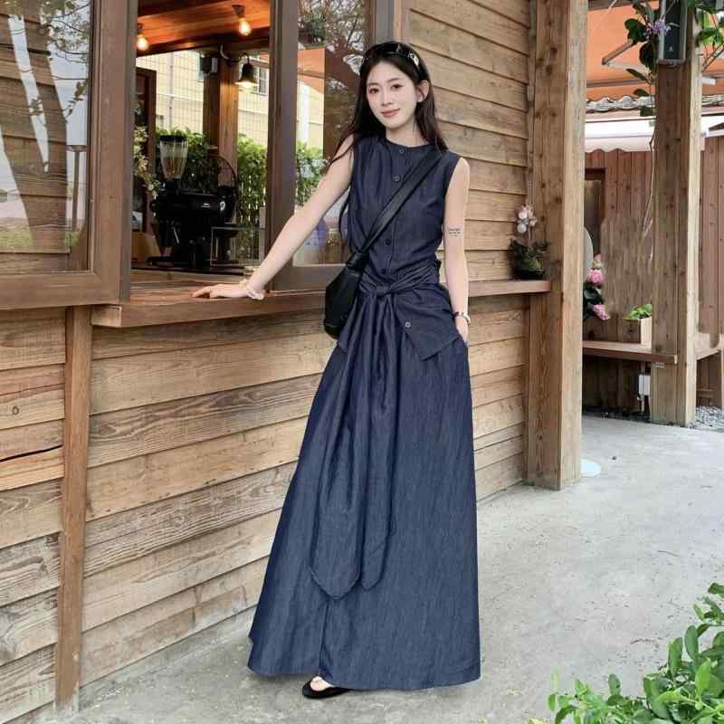 레이디스 셋업 스커트 세트 무소매 의복 반신장 스커트 여름 심청 꽃무늬 통근 기질 스타일 면혼 전환 디자인