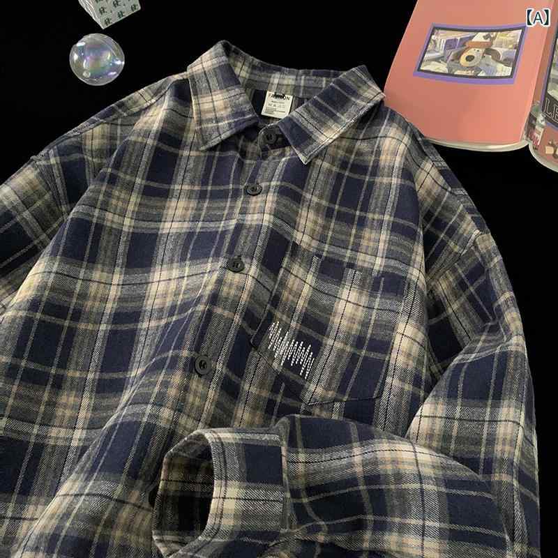 ・スタイル: 青春流行・款式: 开衫・版型: 宽松型・领型: 翻领・袖长: 长袖・图案: 格子・厚薄: 普通・款式细节: 印花・适用场景: 休闲・颜色: 藍格,黒格,咖格・尺码: M,L,XL,2XL,3XL