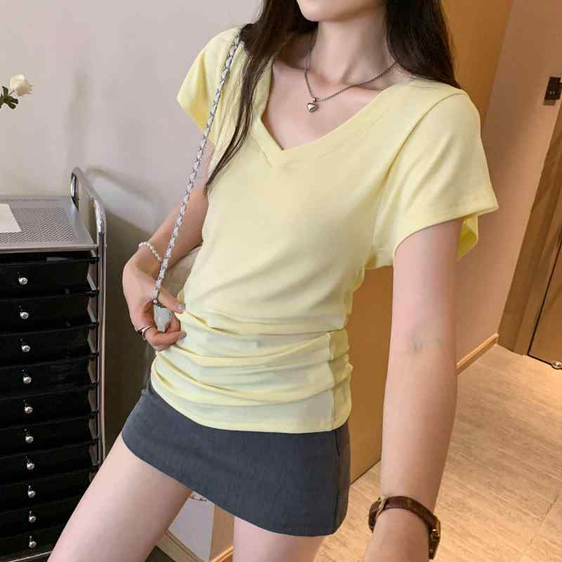 乐天商城 - Tシャツ レディース 夏 Vネック 短袖 リラックス ゆったり 修身 直筒型 気質 通勤 黒 黄色 白 ポリエステル 純色 水洗 加工 ユニセックス かわいい デザイン トップス ブラウス シャツ コットン風 軽量 通勤スタイル カジュアル