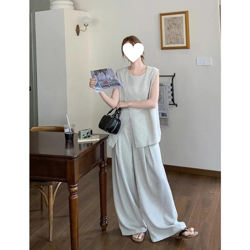 Three-Piece Set - レディース 夏 セットアップ 馬甲 無袖 背心 ワイドパンツ 気質 通勤 都市風 切り替え ポリエステル 免烫処理 長ズボン 気質 スタイル 夏服 軽量 通勤スタイル 都会的 デザイン 無袖トップス ワイドレッグパンツ セット 女性用 夏物 スタイリッシ