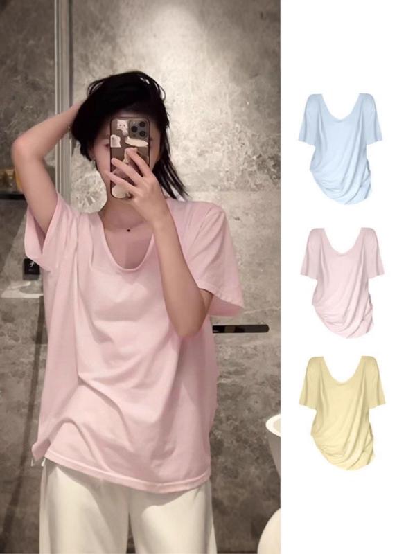 Rakuten - Tシャツ レディース 夏 短袖 Vネック ゆったり 肩幅正め 白色 灰色 黒 ピンク 黄色 青 純色 ベースレイヤー ゆったり風 スリム効果 ポリエステル スパンデックス 混紡 アイロン不要加工 日韓カジュアル 普段使い 通勤 デイリーウェア トップス