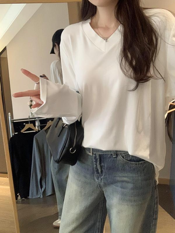 Other - レディース Tシャツ トップス Vネック 長袖 ゆったり ワイドシルエット 春夏 通勤 気質 黒 白 グレー レイヨン スパンデックス 混紡 生地 インナー 防晒 シャツ ブラウス ゆったりトップス シンプル 無地 レイヤード 軽量 伸縮 吸汗 速乾 通