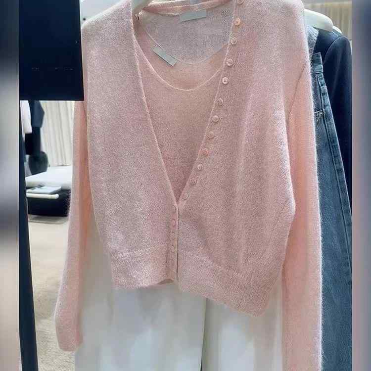 ・主な素材: ポリエステル50-70%・柄: 無地・スタイル: 通勤風・形状: Aライン・袖丈: 長袖・ネックライン: Vネック・着丈: 中長丈・カラー展開: ピンク・サイズ展開: S、M、L、XL・カテゴリ: ニット