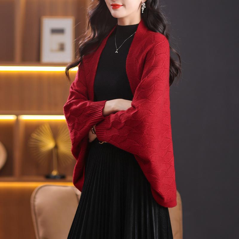 Unisex Casual Wear - 毛衣 蝙蝠袖 カーディガン 秋冬 レディース 厚手 羊毛混紡 ポリエステル 純色 Vネック 長袖 ルーズフィット クロッチェット レースアップ ベージュ カーキ 赤 ミドル丈 ポンチョ型 ショール 着用 ゆったりスタイル 名媛風 甘め 爽やか
