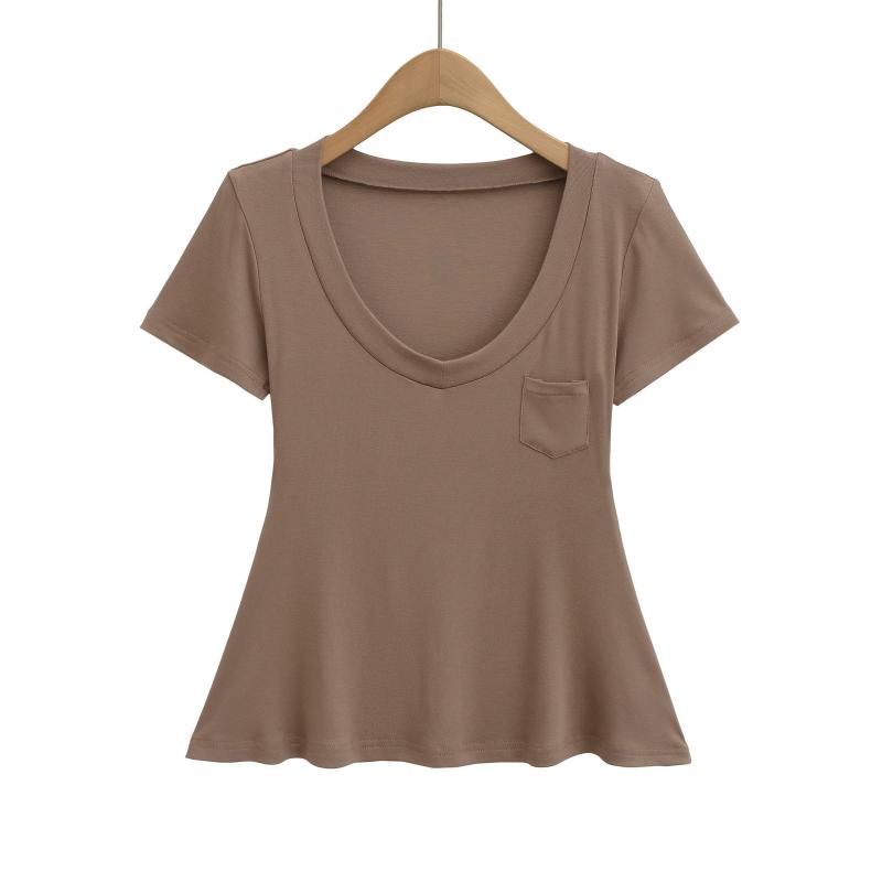 Other - Tシャツ 女性用 春夏 純欲風 Vネック 短袖 綿素材 切り替え ポケット シンプル 上衣 かわいい 気質 私服 白色 黒 ピンク