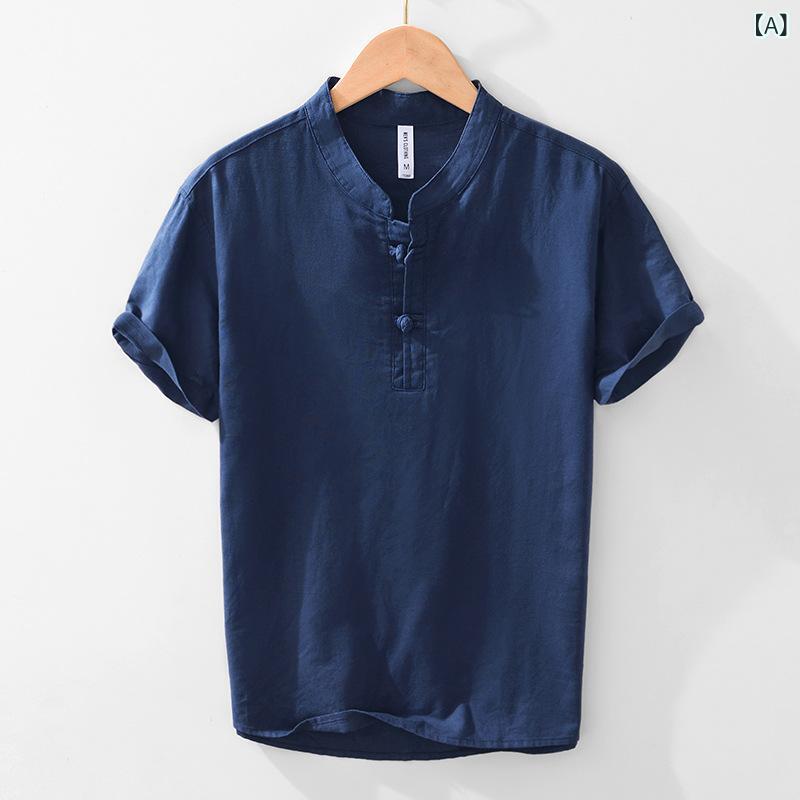Other - Tシャツ メンズ 綿麻 中国風 盤ボタン ゆったり 半袖 トップス 速乾 日常使い かっこいい 紳士服 無地 丸首 春夏 秋冬 ネイビー グレー ベージュ 白