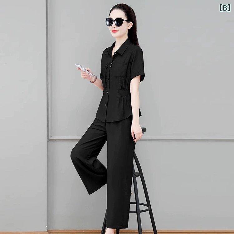レディース ワイドパンツ セットアップ 短袖 トップス 紫 黒 卡其 通勤 普段使い 気質 ファッション 韓国風 収腰 スリム 九分丈 3分袖 夏季 セット 女性用 ゆったり シルエット 涼しい 素材 70-80% 含有 他の繊維 3