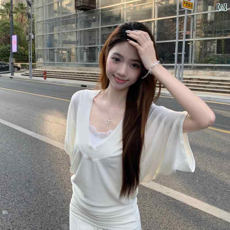 樂天商城 - Tシャツ 女性用 春夏 Vネック 短袖 ゆったり 肩正 蝙蝠袖 インナー 上衣 韓国風 ラフスタイル 通勤 気質 百搭 ファッション 3D立体柄 ポリエステル 白色 グレー 普通丈 50-65cm セクシー スパイシー