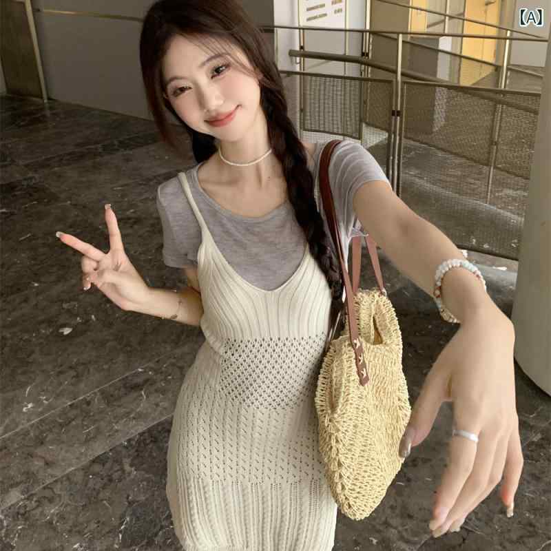 樂天商城 - レディース セットアップ 春夏 修身 レイヤード 短袖 Tシャツ 女性服 透かしデザイン ニット キャミソール ワンピース ロング丈 純色 都市風 通勤スタイル 気質 袖 フレアスリーブ 超長袖 ポリエステル 95% グレー 涼しい 軽量 伸縮性 普段使
