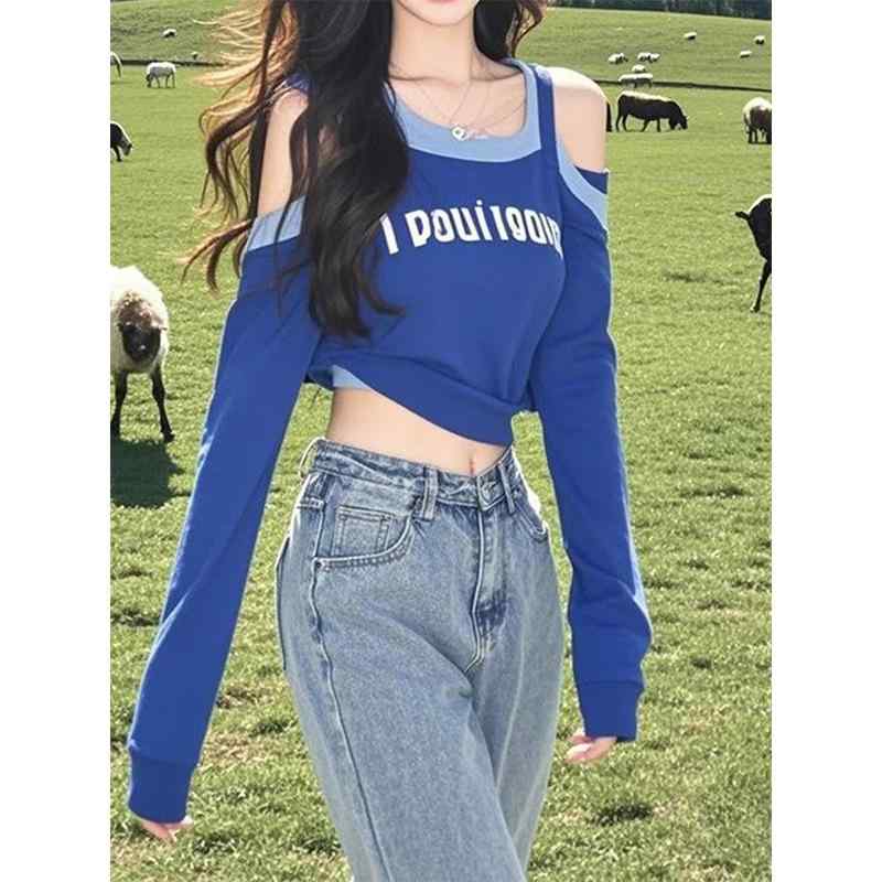 Tシャツ レディース 長袖 方領 肩出し 修身 短丈 露脐 トップス ブルー 春夏 印花 私服 御姐風 普段使い かわいい 軽量 伸縮性 私服 コーディネート