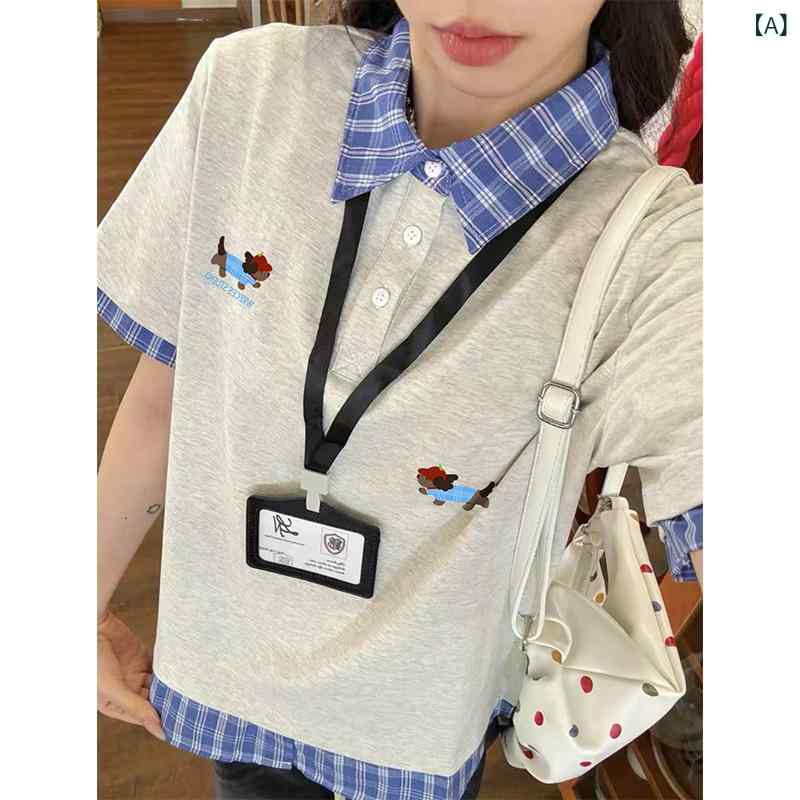 樂天商城 - Tシャツ レディース 短袖 夏 コットン 綿 スパンデックス 伸縮性 灰 グレー 直筒型 方領 普通丈 刺繍 刺繍加工 小犬 犬柄 幾何学 格子柄 チェック柄 クラシック風 レトロ風 ヒップホップ ストリート 街頭スタイル 潮人 快適 ゆったり 日常使い