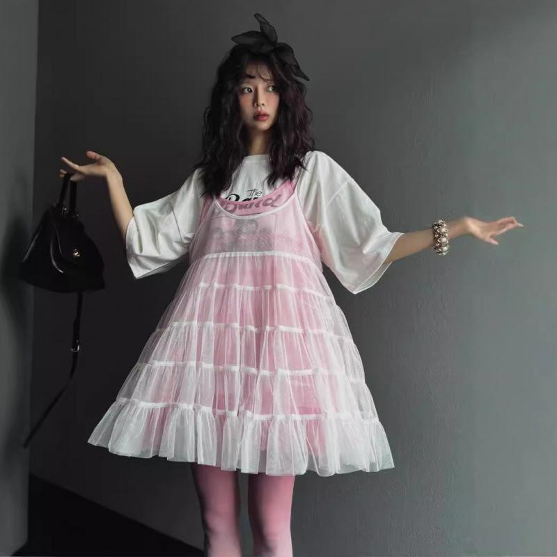 ワンピース レディース サロペット キャミワンピ チュール 重ね着風 フェミニン かわいい ガーリー オールシーズン