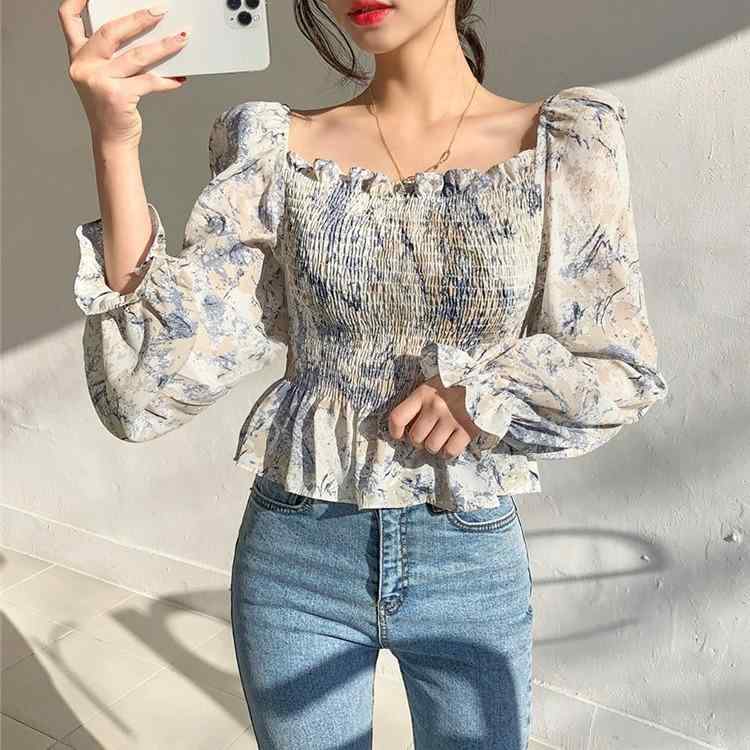 樂天商城 - シャツ レディース 女性用 トップス ワンピース風 かわいい セクシー 甘め ワンショルダー 肩紐 プリーツ 加工 花柄 プリント 長袖 切り替え デザイン ゆったり シルエット スクエアネック 気質 通勤 スタイル 港風 花柄 素材 スパンデックス 混