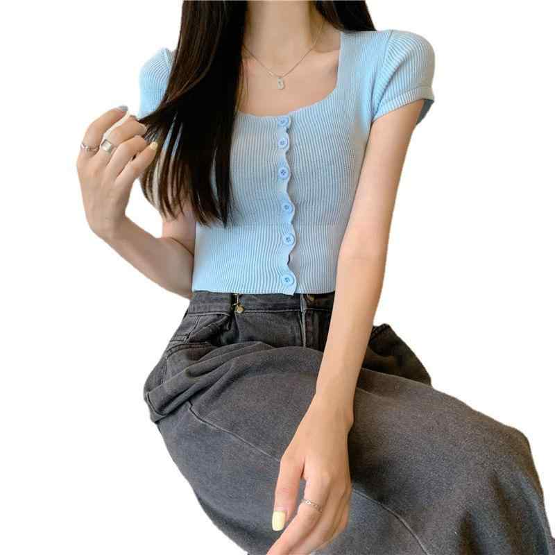 ニット トップス レディース 短袖 開襟 ボタン 短丈 修身 薄手 夏季 涼感 ポリエステル 腈纶 ブラック 白 ピンク ブルー グリーン 単品 港風 セクシー スポーツ柄 純色 芸術的 復古 日常使い 通勤 カジュアル 軽量 伸縮性 ビッグシルエット