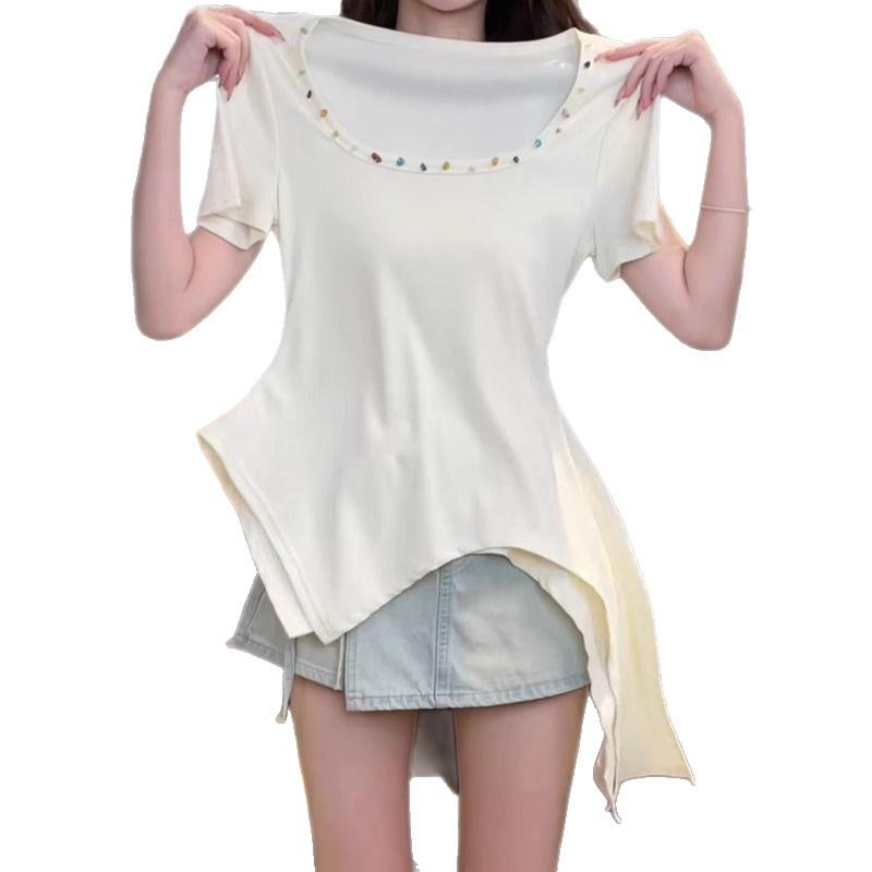 Tシャツ レディース 短袖 方領 開き 不規則 デザイン 大きいサイズ 夏 ゆったり 切り替え ポリエステル ポリエステル繊維 90-95% 純色 柔軟 日常 普段使い 日韓 カジュアル 黄色 杏色 通勤 部屋着 ビッグシルエット 腹部カバー スリム効果