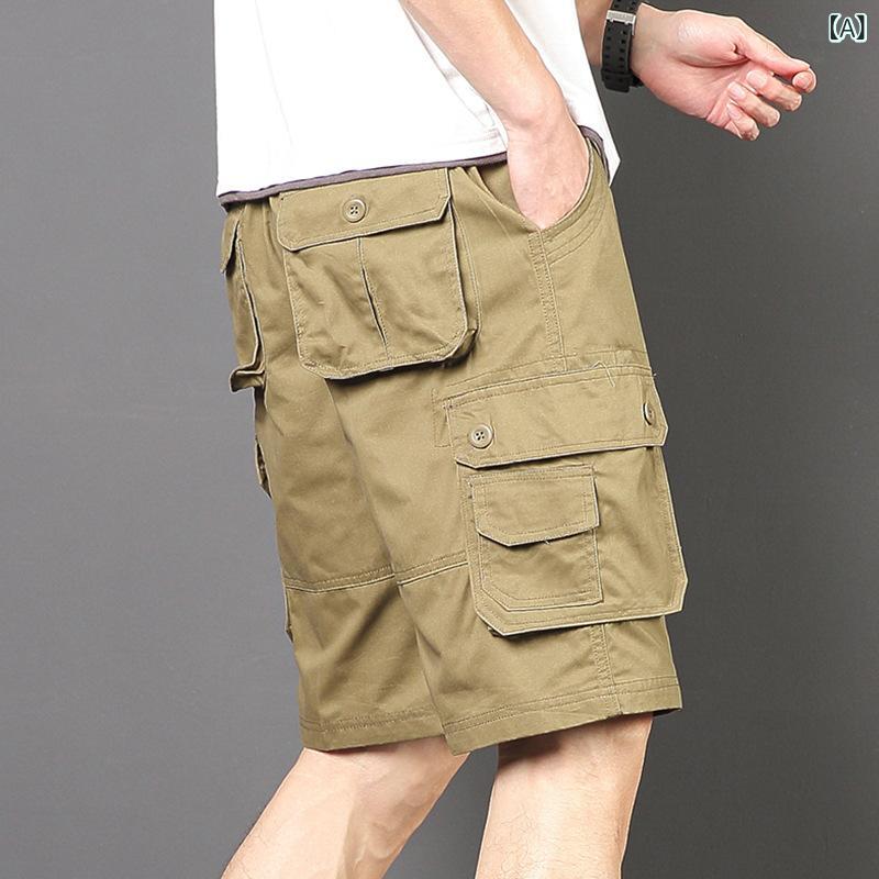 Pants - メンズ ショートパンツ 工装 夏用 男性用 ハーフパンツ ゆったり 直筒 マルチポケット シンプル コットン 95% 高弾性 耐摩耗 ミッドライズ ジッパー 軍緑 黒 カーキ キャンバス地 軽量 ストリート ファッション 普段使い アウトドア ラフスタイ