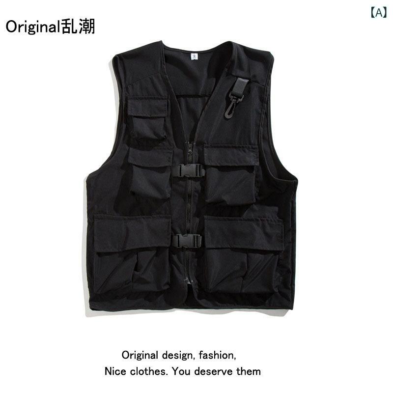 メンズ ベスト Vネック 多ポケット 工装 無袖 ジャケット 男女兼用 背心 ワイドシルエット 機能性 外套 薄手 ポリエステル混紡 無地 黒 軍緑 夏 ストリート スポーツ レジャー